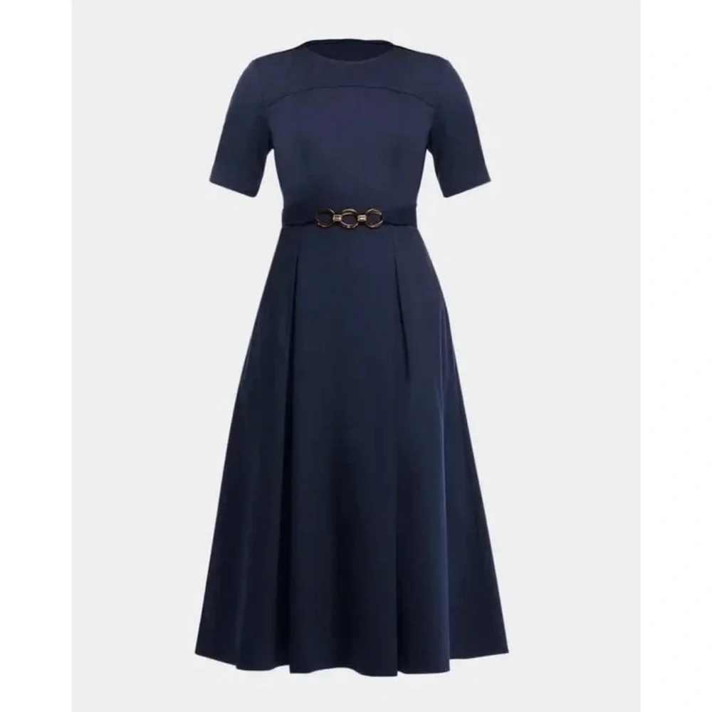 $398 Shoshanna Castell Cotton Cheryl Dress Navy Midi A-Line Chain Belt Pockets 4 - Picture 1 of 9
